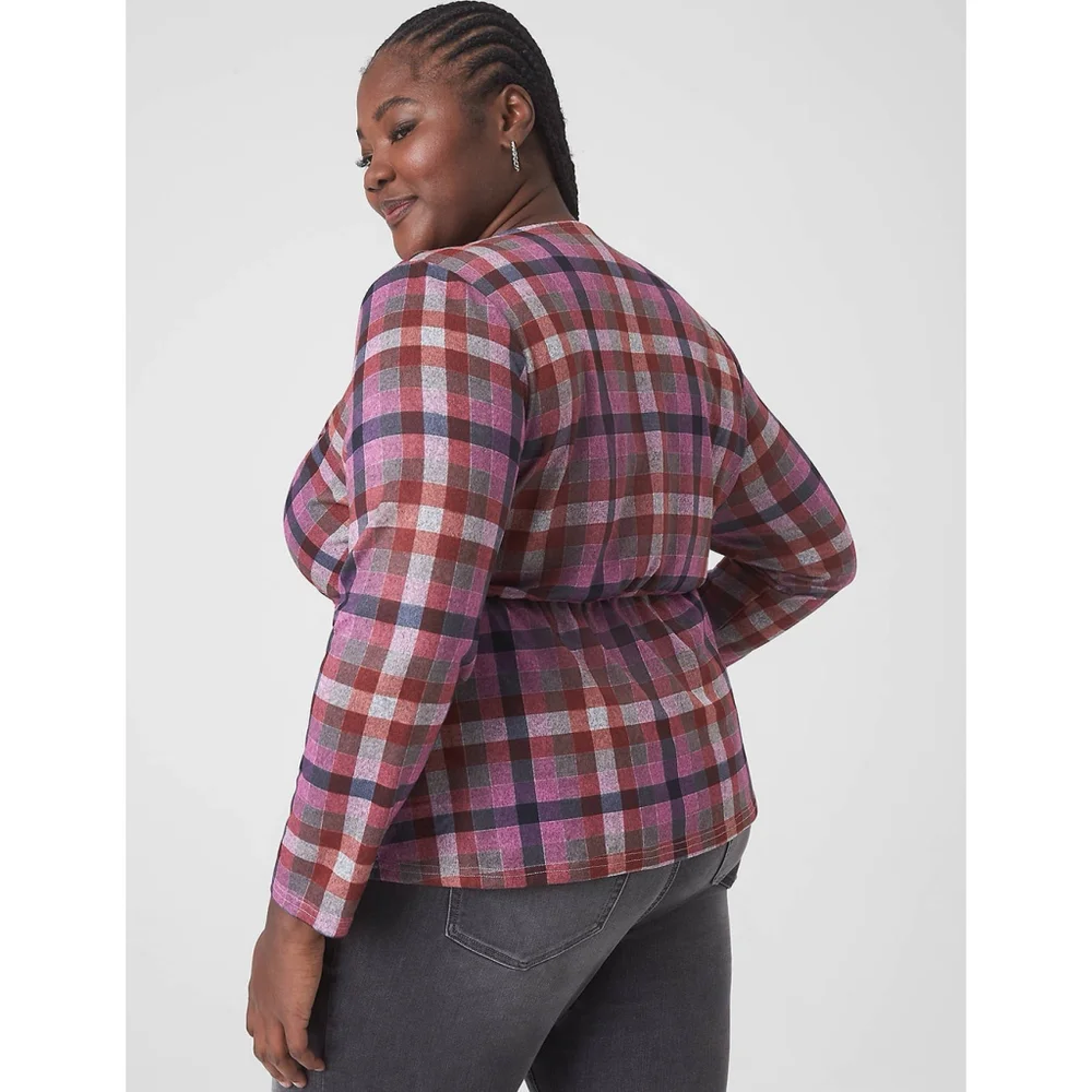 LANE BRYANT Women’s Classic Faux-Wrap Plaid Top Long Sleeve Shirt Size 26-28/4X